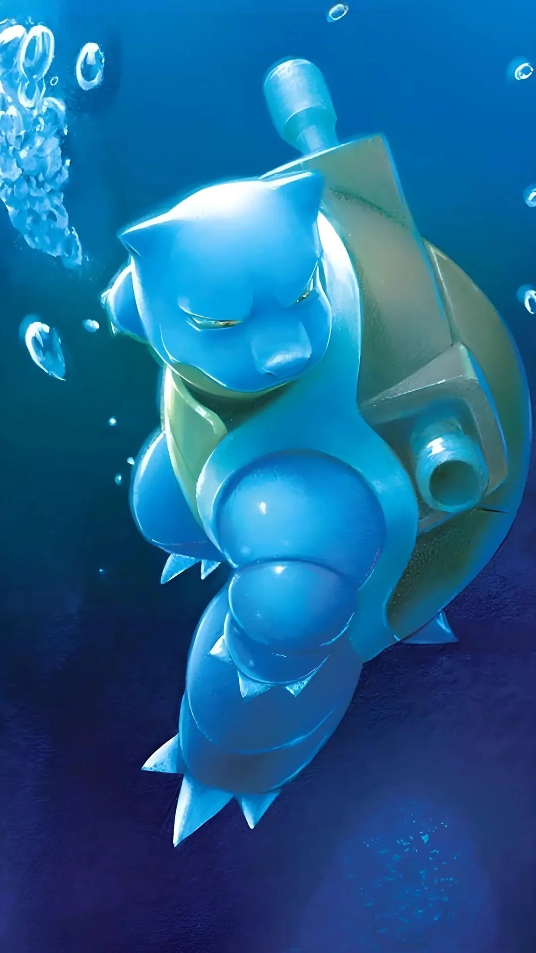 Blastoise EX alternative Artwork from Pokemon Set 151 depicting Blastoise underwater focused in a downward direction.