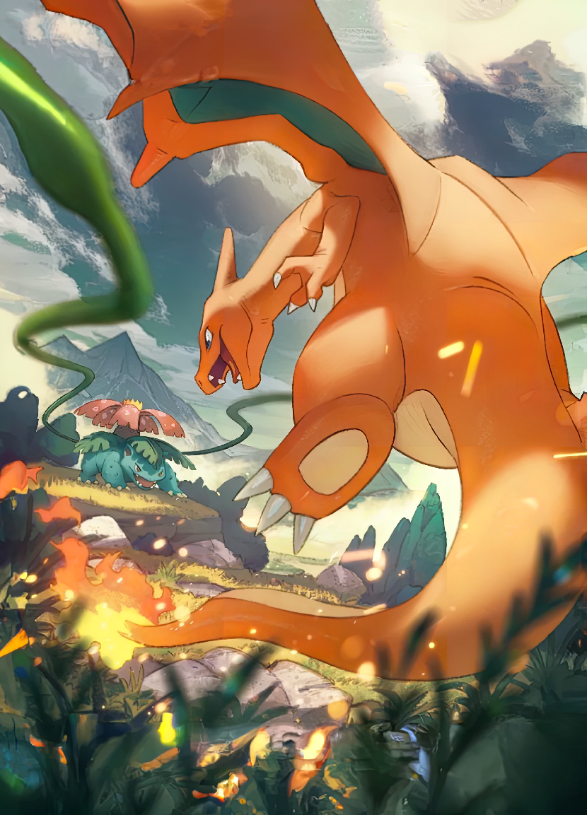 Charizard V alternative artwork  from Pokemon Sword and Shield: Brilliant Star Set depicting Charizard battling Venasaur.